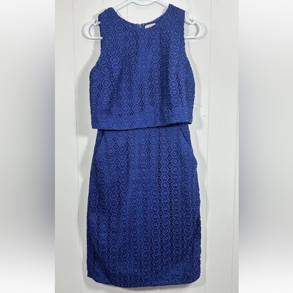 J Crew Women’s Blue Sheath Dress Eylelet Lace Overlay size 0 Side Pockets - Picture 1 of 10